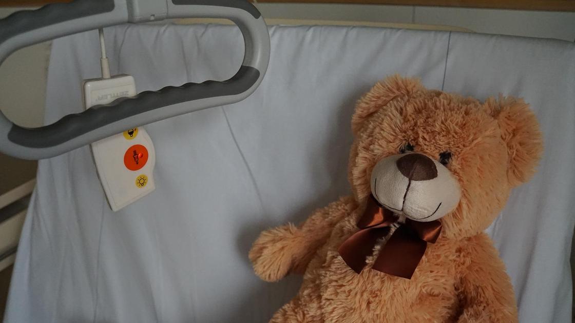 медвежонок лежит на больничной койке