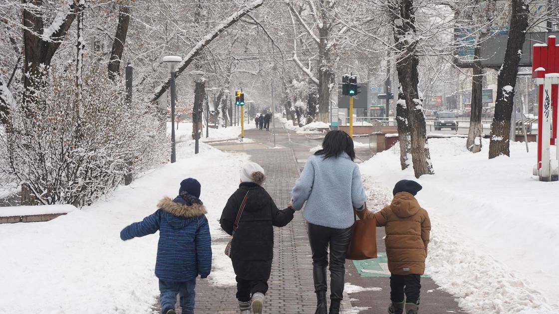 Женщина с детьми идет по тротуару зимой