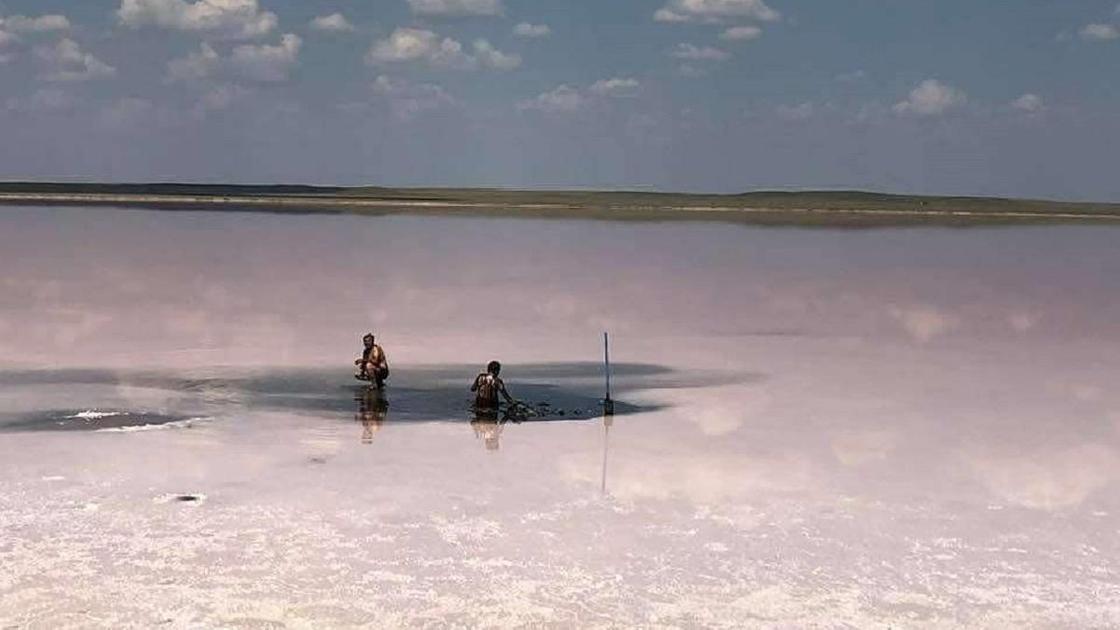 Люди вывозят соль с озера Кобейтуз