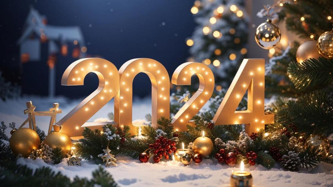 Новогодняя инсталляция на снегу с цифрой 2024, украшенными елочками, свечами и гирляндами