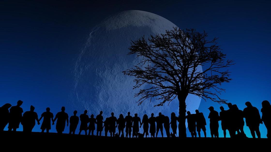 Группа людей смотрит на восхождение полной Луны