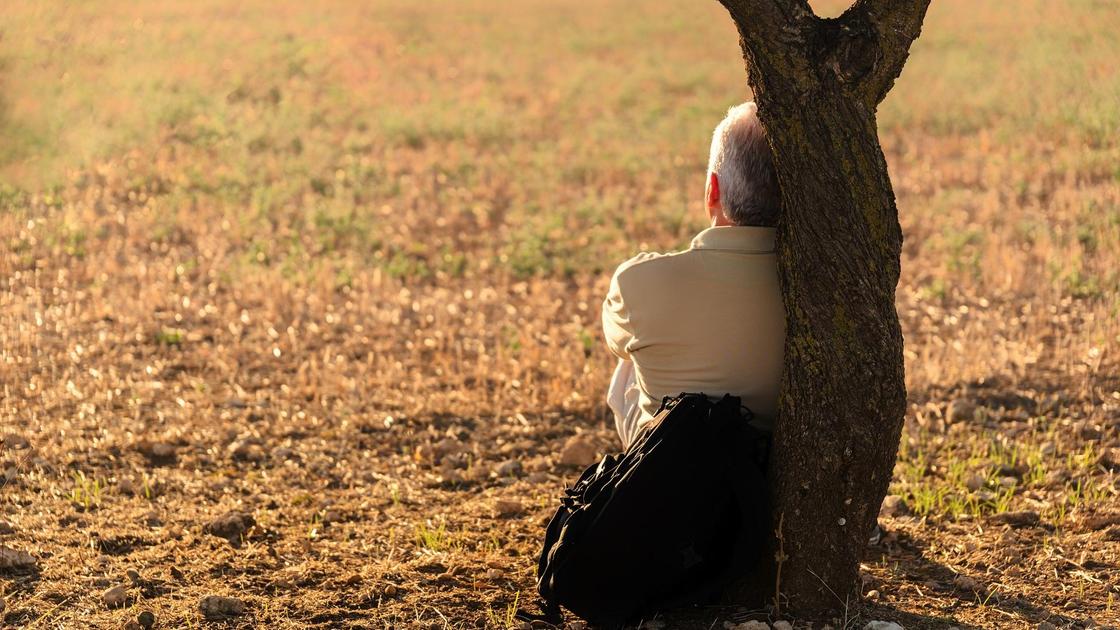 Старый мужчина сидит под деревом