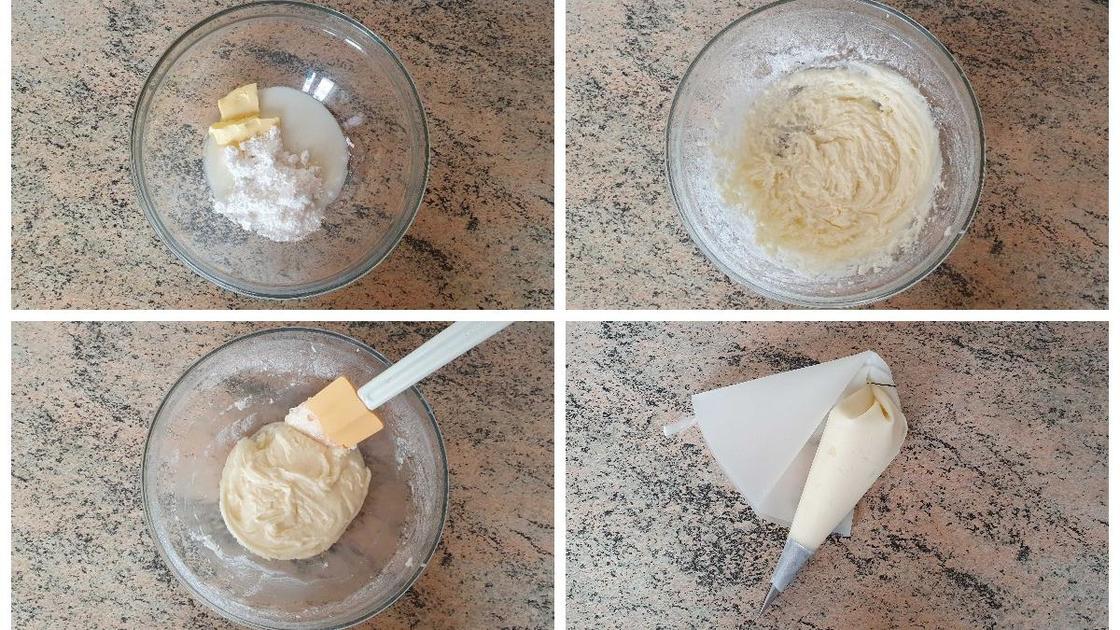 Последовательность фото: для приготовления глазури масло смешивают с сахарной пудрой и молоком до однородности и помещают в кондитерский мешок