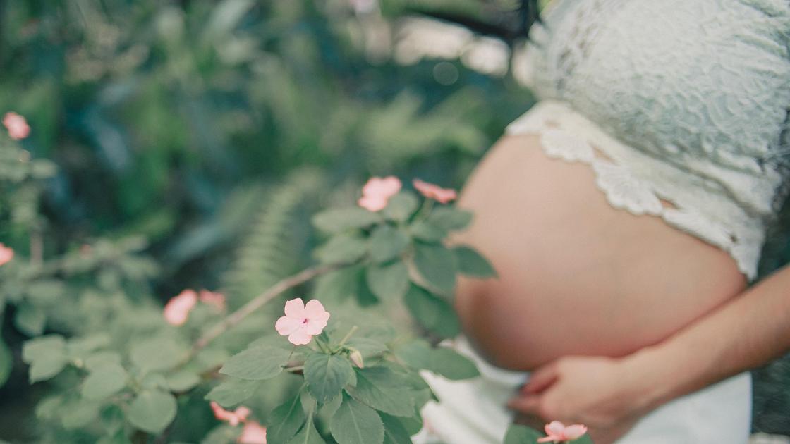Беременная девушка возле цветов
