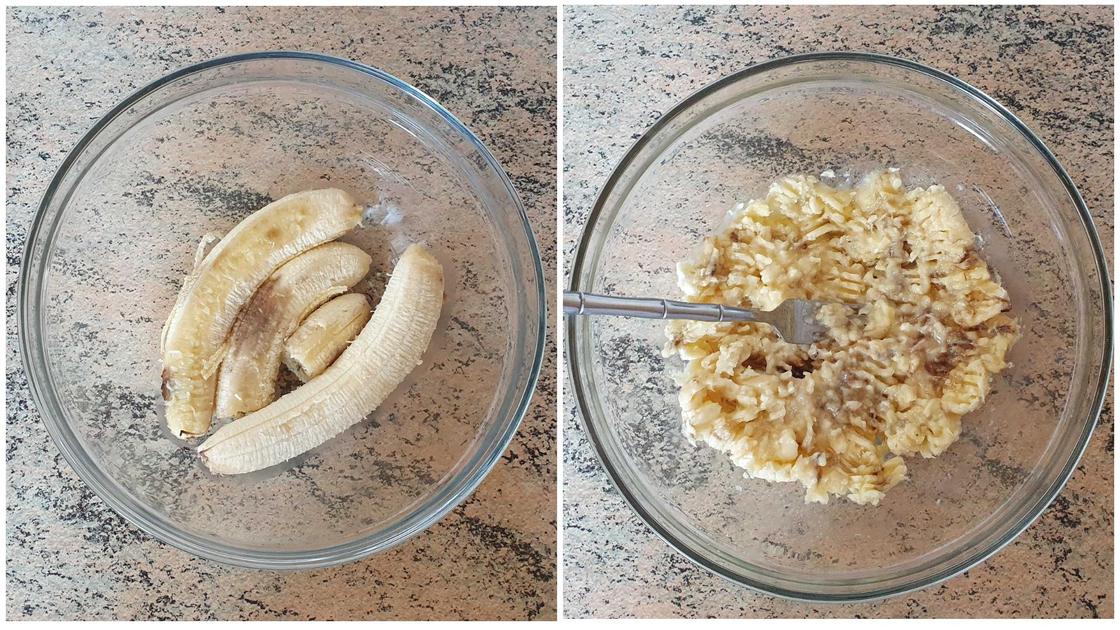 Последовательность фото: бананы до и после того, как их размяли вилкой