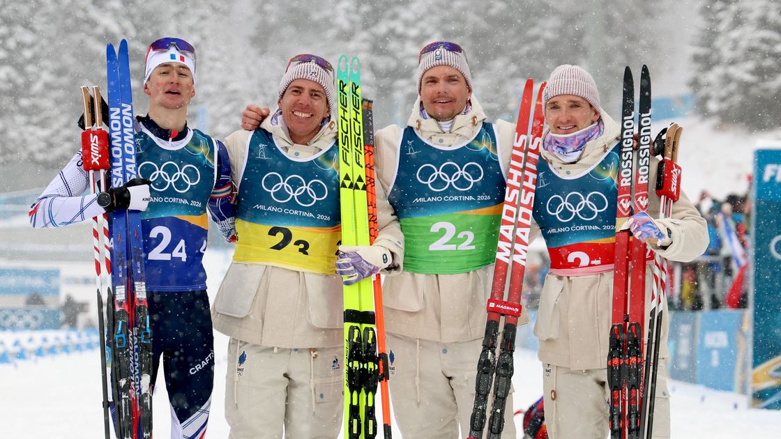 Французские биатлонисты Эрик Перро, Кентен Фийон-Майе, Эмильен Жаклен и Фабьен Клод (слева направо)