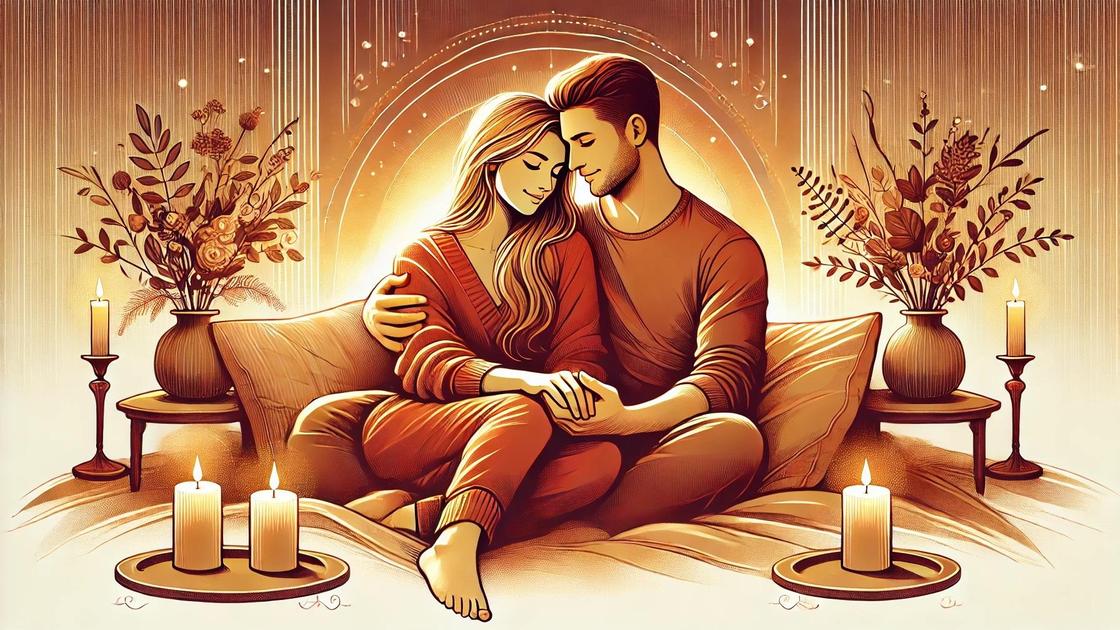 Любящая пара обнимается на диване