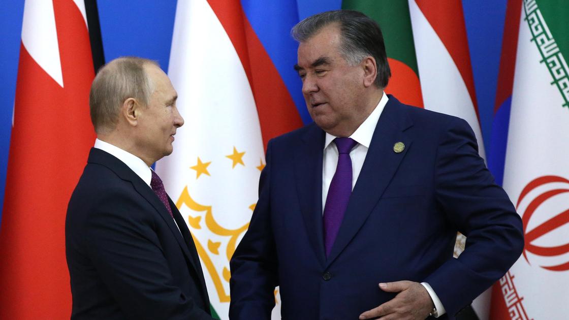 Владимир Путин и Эмомали Рахмон пожимают руки