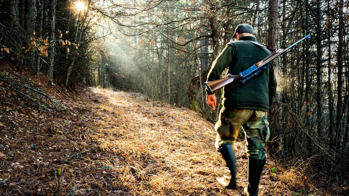 Мужчина с ружьем в лесу