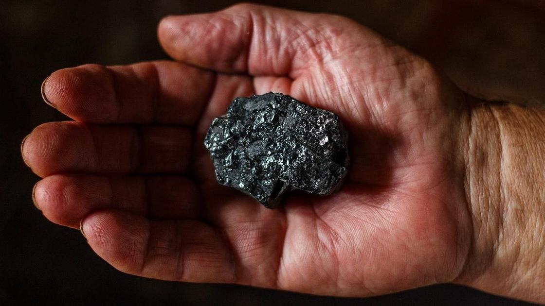 Кусочек угля лежит на ладони человека