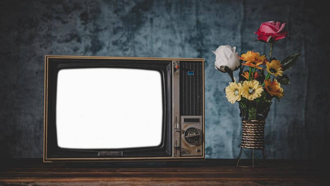 Старая модель телевизора и цветы в вазе
