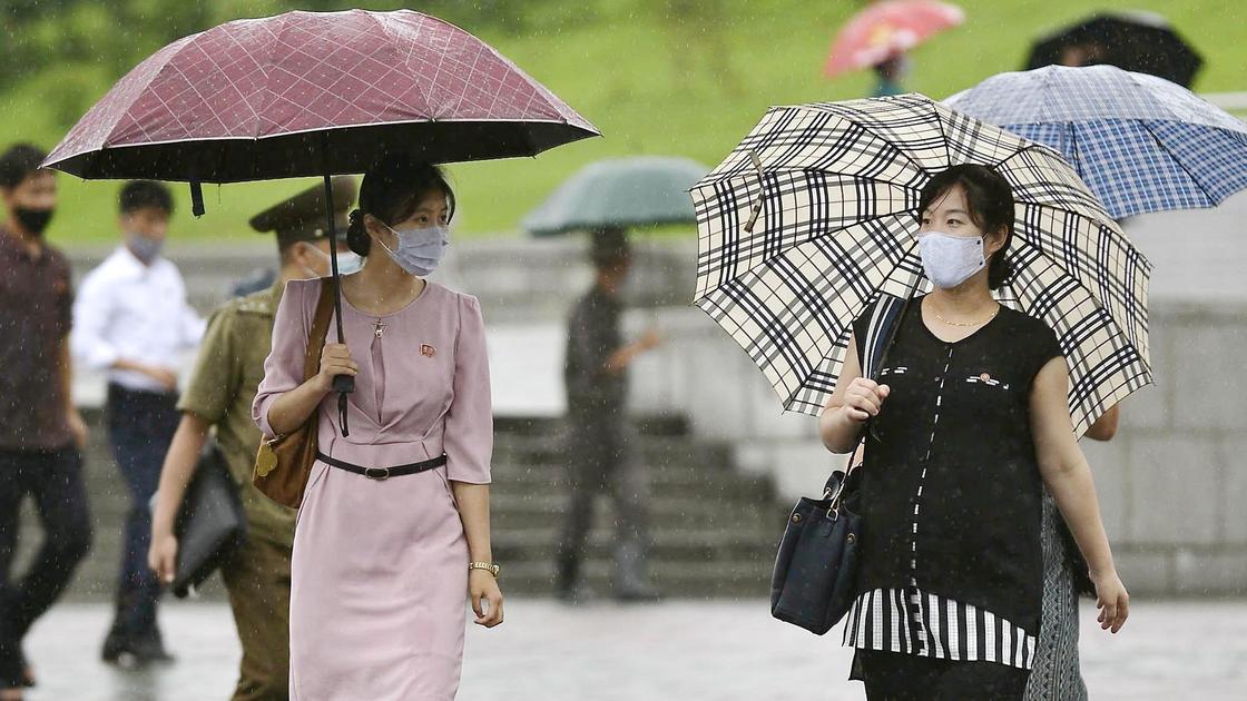 Две женщины идут под зонтами