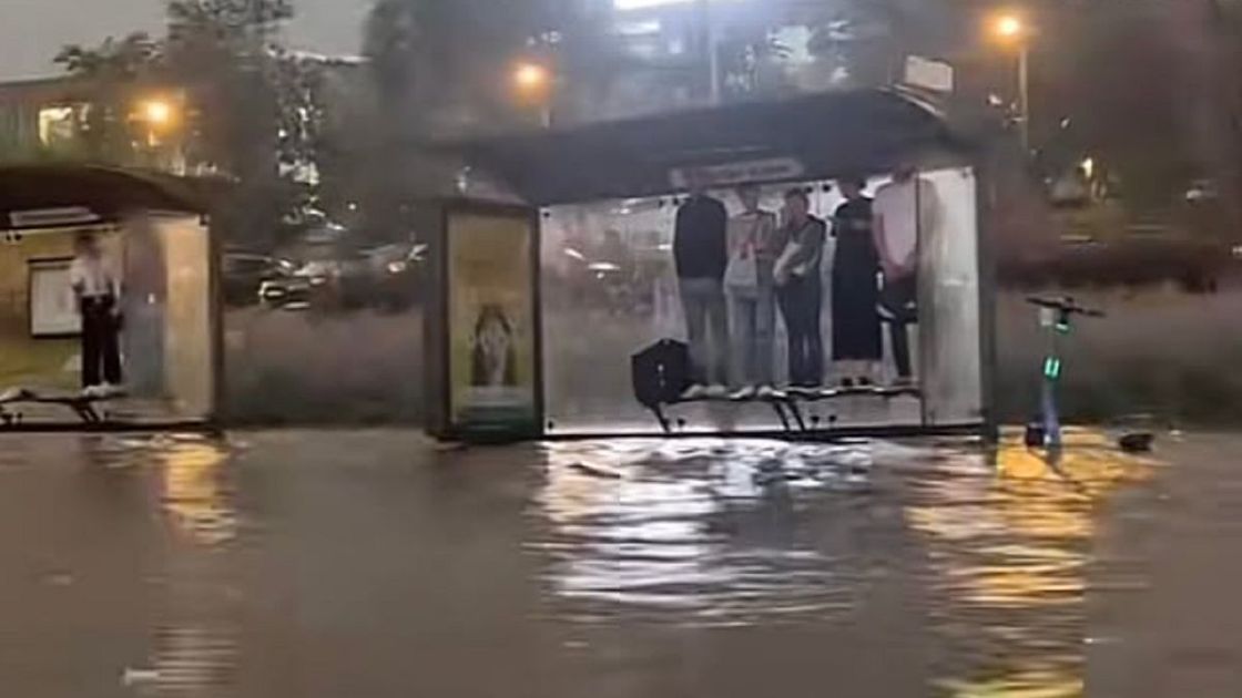 Люди спрятались на остановке