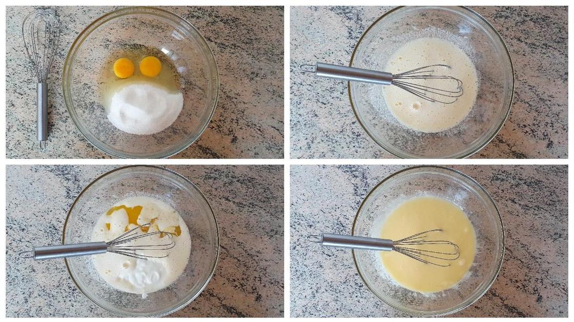 Последовательность фото: яйца смешивают с сахаром, сметаной и растопленным сливочным маслом до однородности