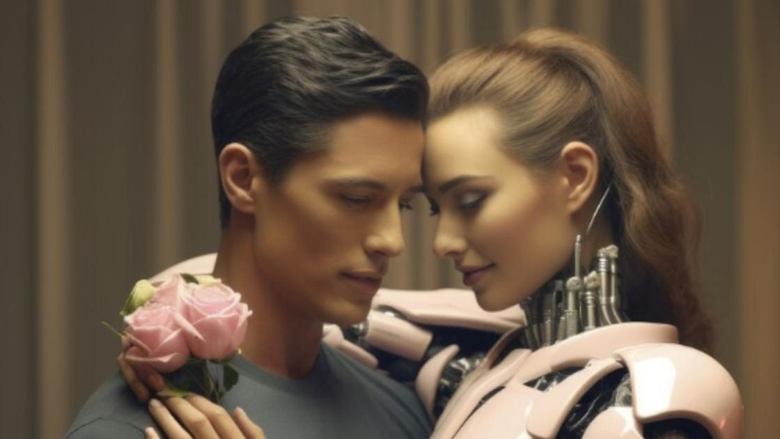 Девушка в костюме робота обнимает мужчину