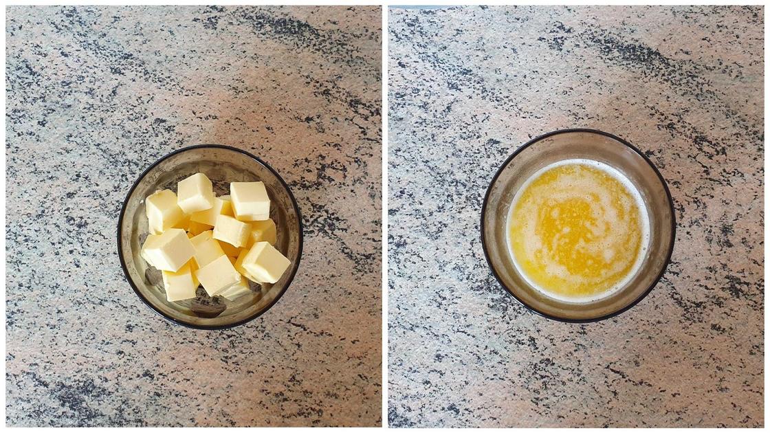 Последовательность фото: кусочки сливочного масла до и после растапливания в микроволновке