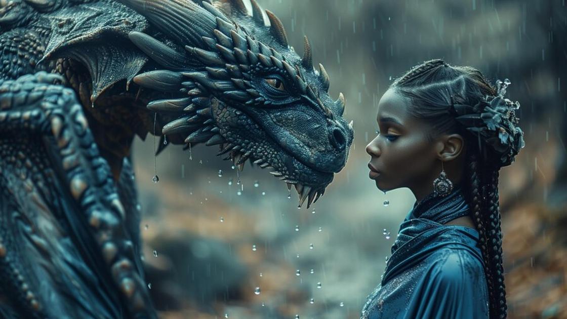 Девушка и дракон стоят друг напротив друга