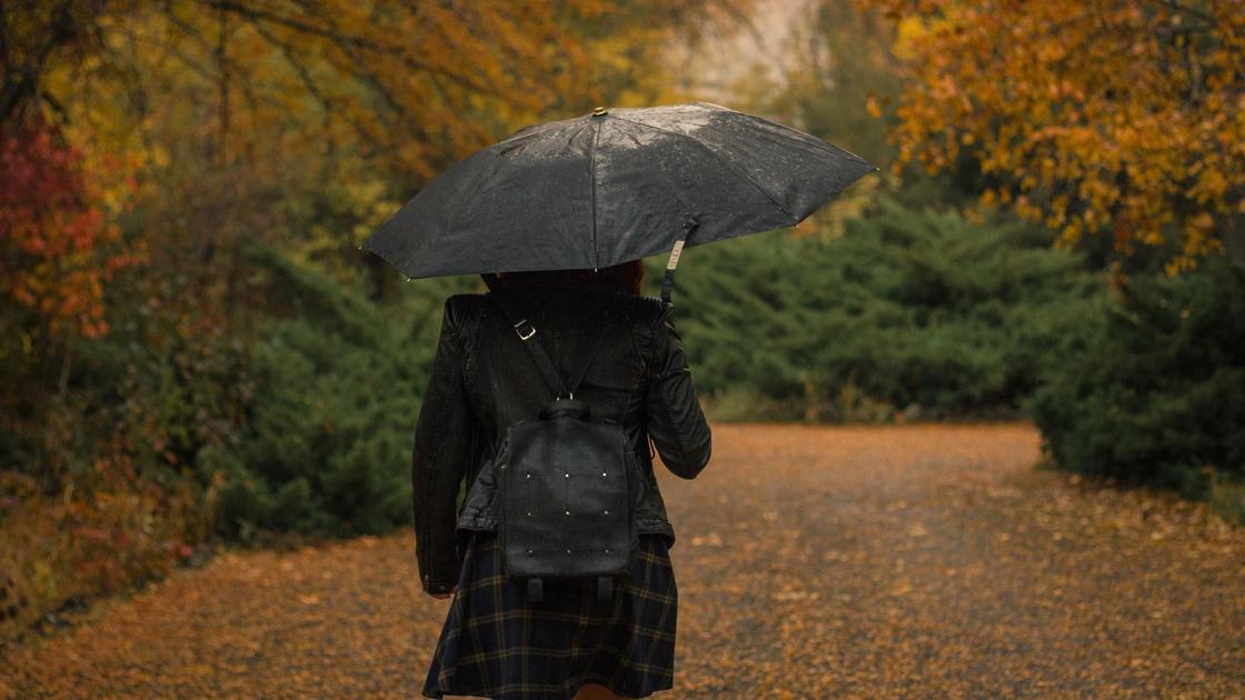 Девушка с зонтом на фоне осеннего пейзажа