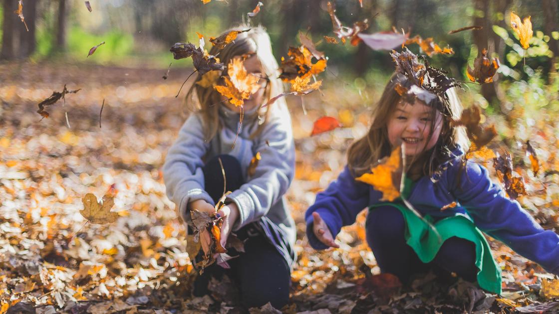 Девочки играют с осенними листьями