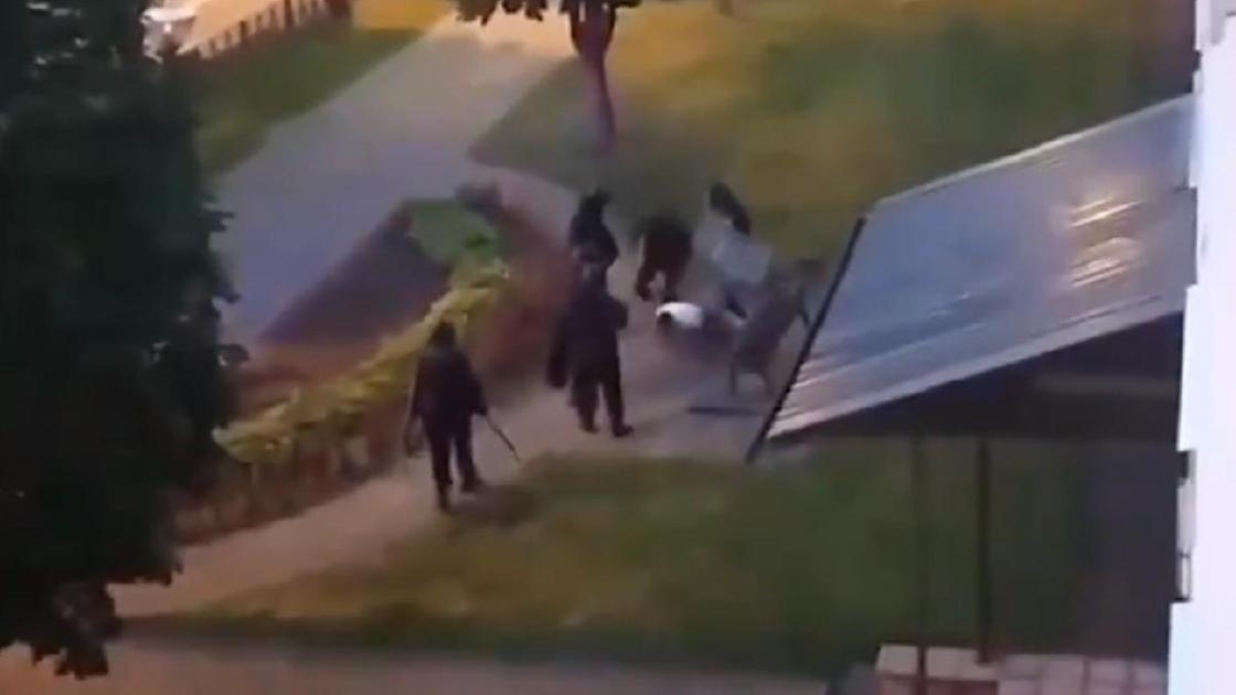 Бойцы ОМОН избивают мужчину во дворе