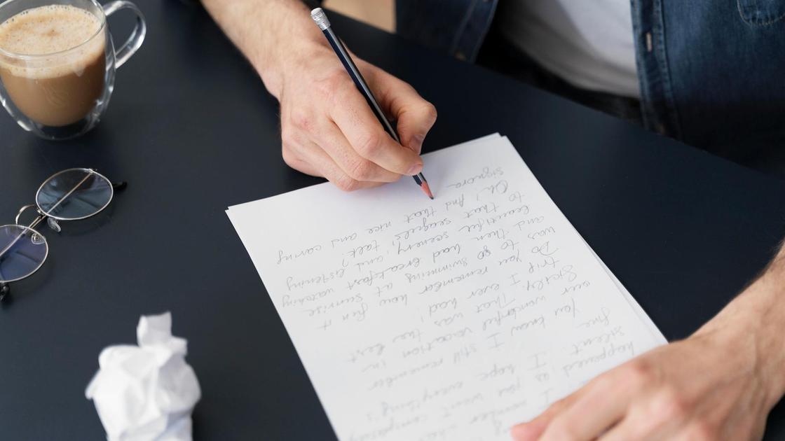 Мужчина пишет на листе бумаги