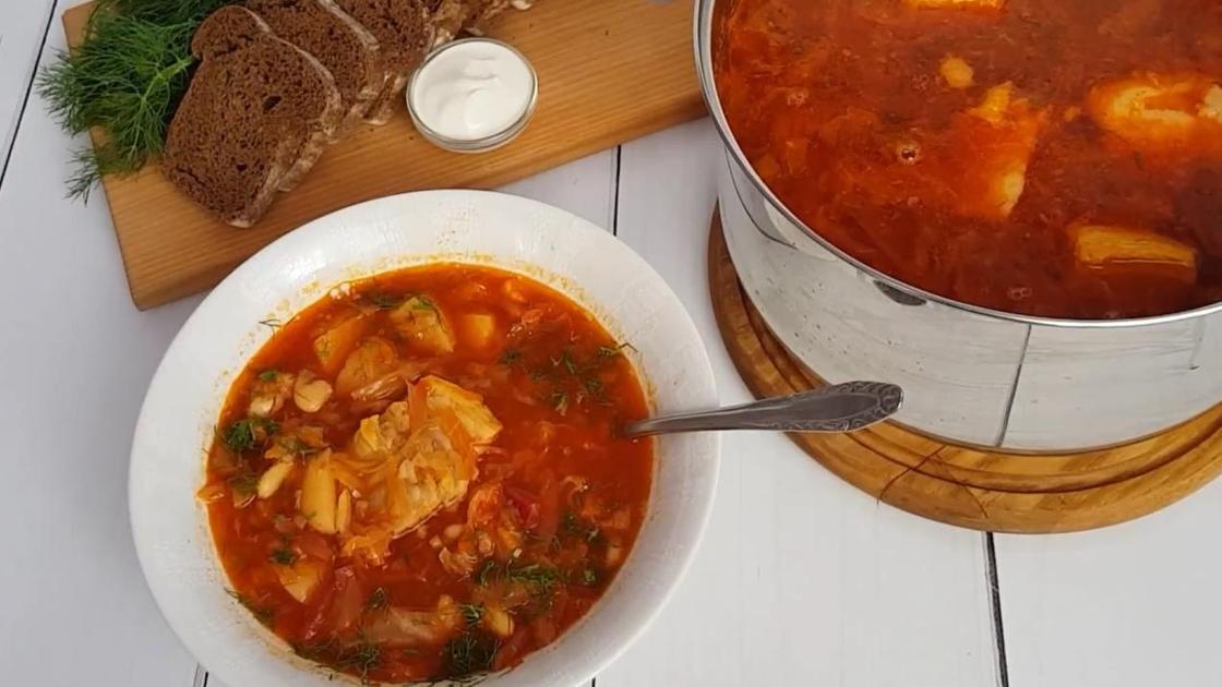 Черный хлеб, зелено, сметана и борщ в тарелке и кастрюле Черный хлеб, зелено, сметана и борщ в тарелке и кастрюле