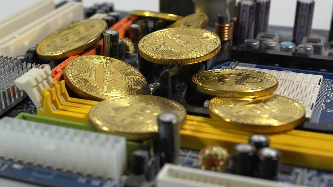 Цифровые монеты лежат на компьютерной микросхеме
