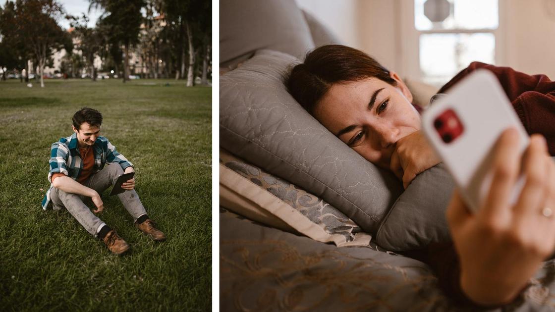 Интернет-переписка между сидящим на газоне парнем и девушкой, лежащей в кровати