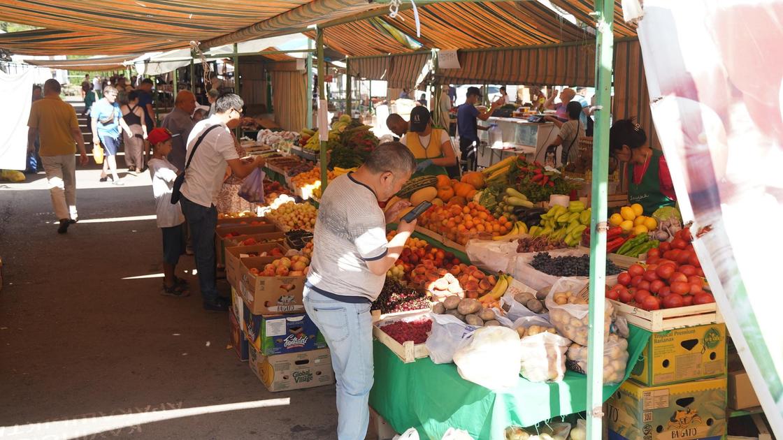 Прилавки с овощами на рынке