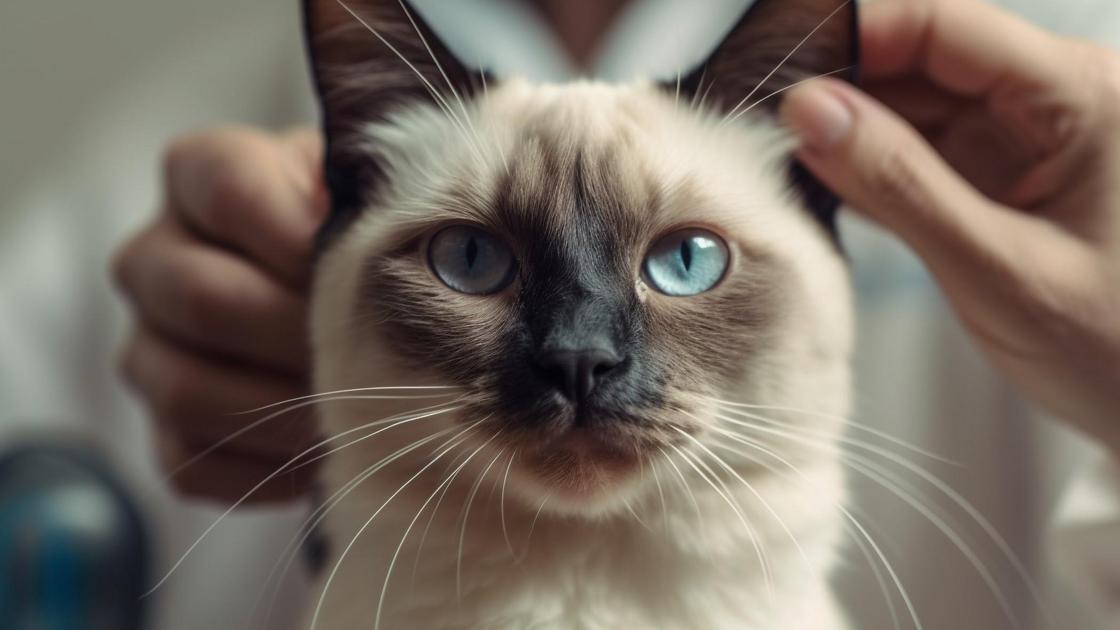 Морда кота с голубыми глазами и рыжими подпалинами. Его держат рукой за ухо