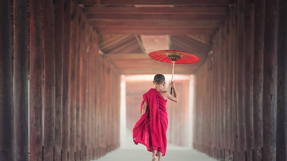 Маленьких монах с красным зонтиком