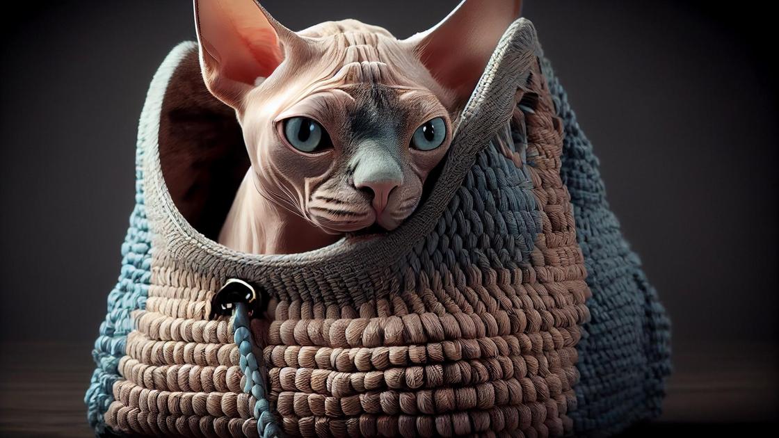 Лысая кошка с большими глазами и торчащими ушами выглядывает из вязаной сумки