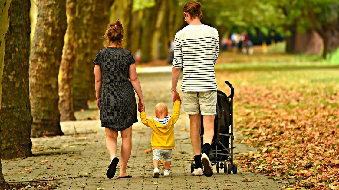 Семья гуляет с ребенком в парке