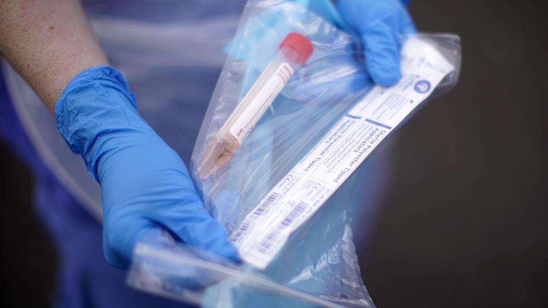 Медик держит в руках пробу на заражение коронавирусом