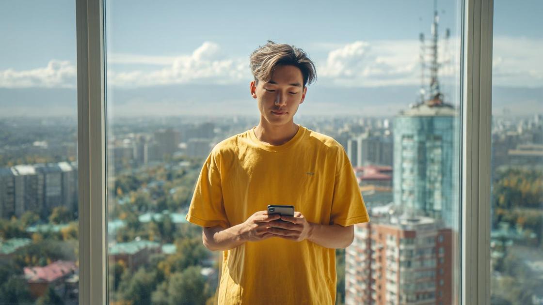 Молодой человек держит смартфон