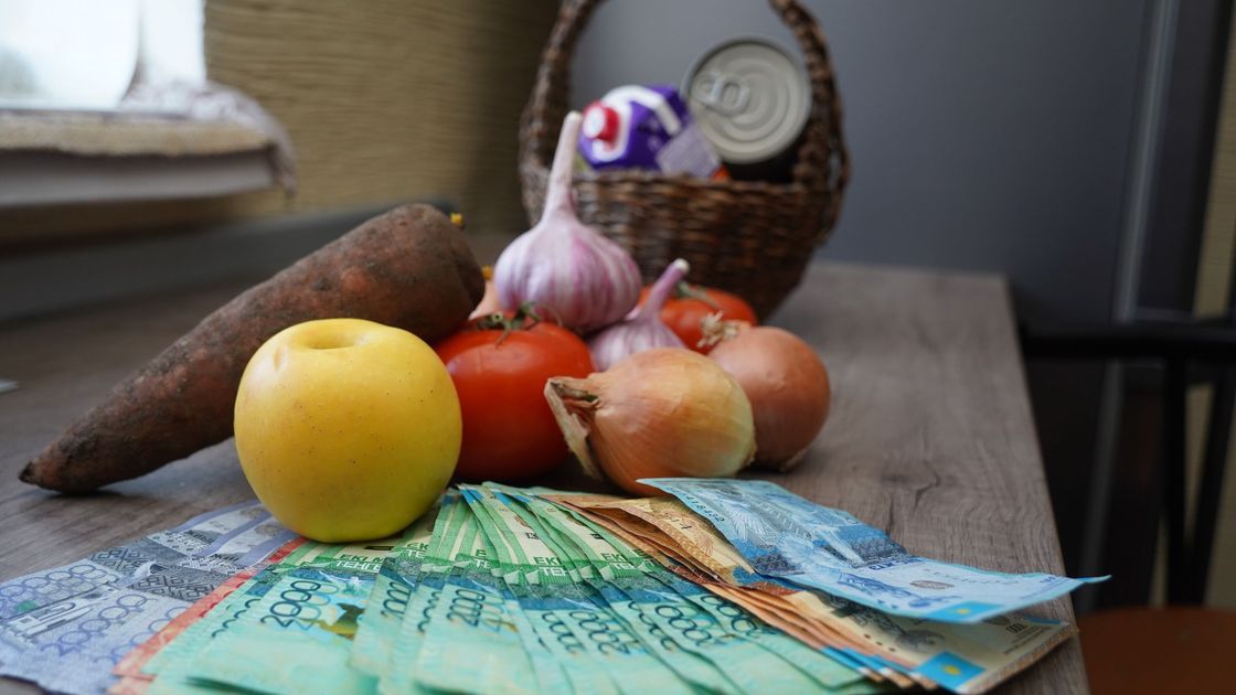 Купюры тенге лежат перед продуктовой корзиной.