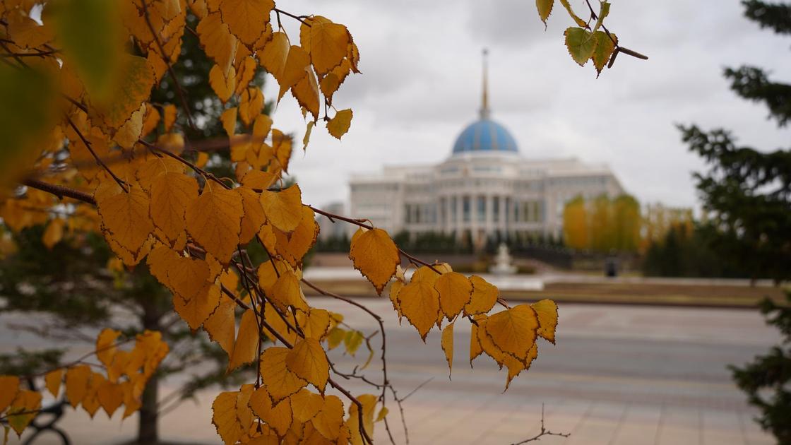 Осень в Астане, листья на фоне Акорды