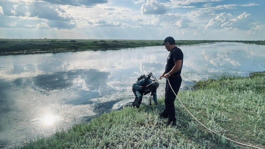 Водолаз погружается в водоем