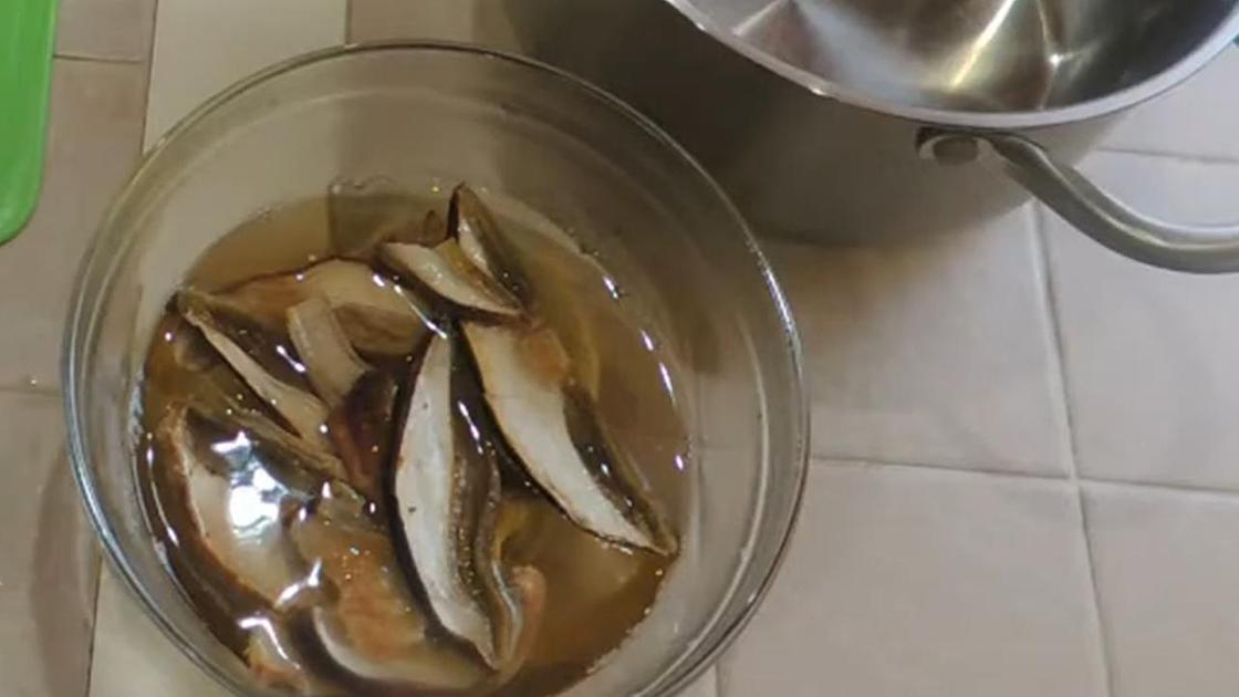 Сушеные белые грибы в миске с водой