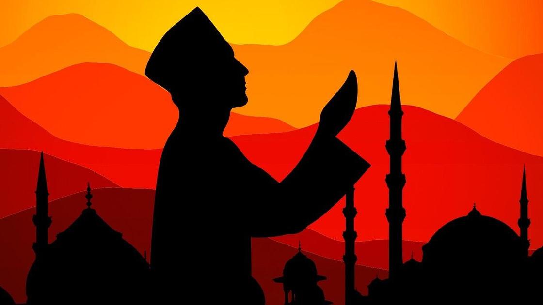 Молящийся мужчина на фоне мечети
