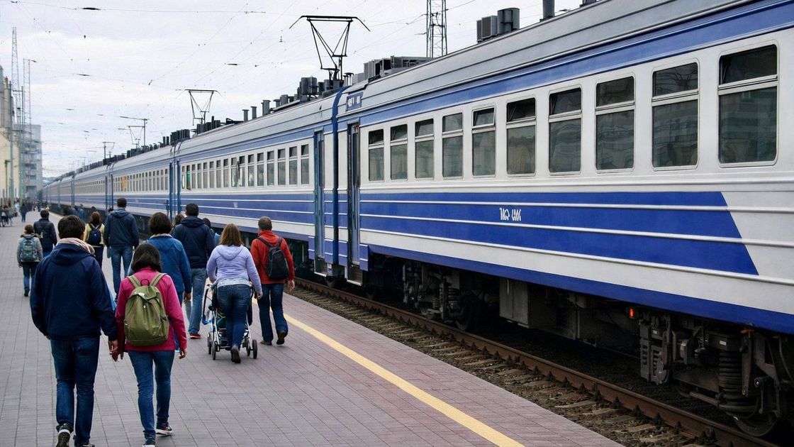 Пассажиры садятся на поезд