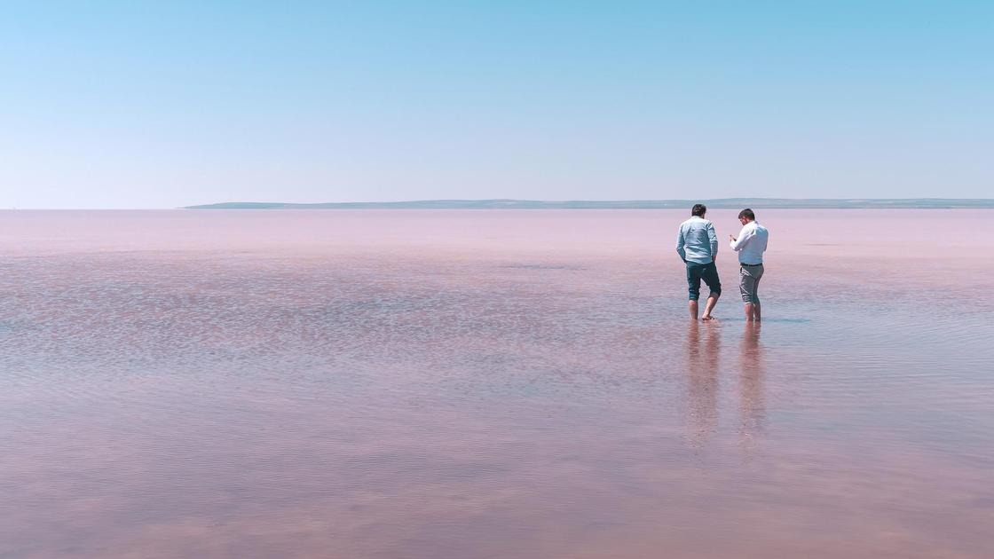 Двое мужчин стоят в воде розового озера