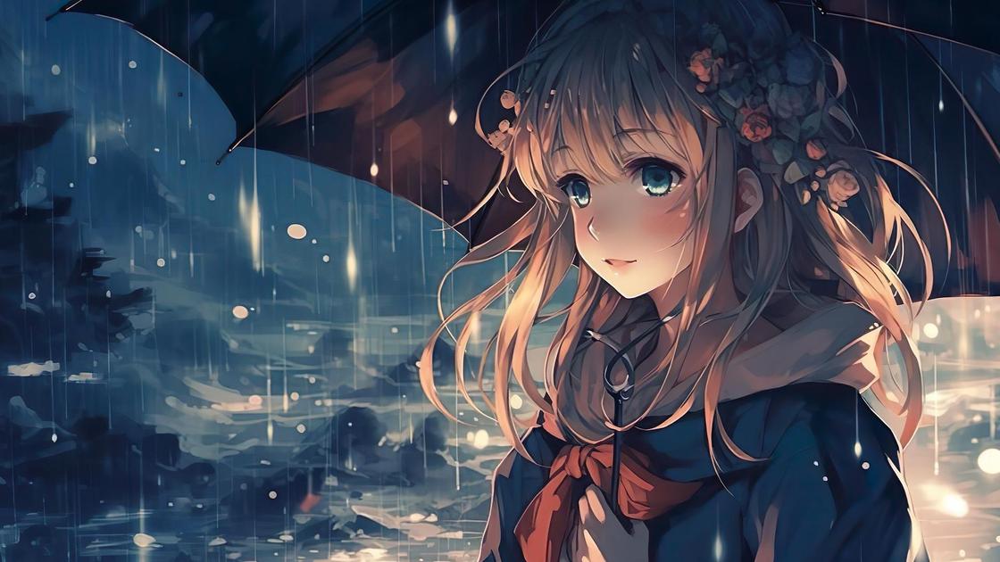 Рисунок девочки под зонтом в стиле аниме