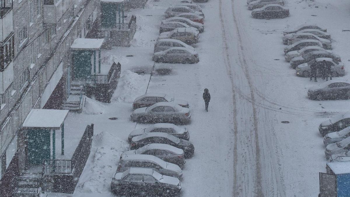 Двор во время снегопада