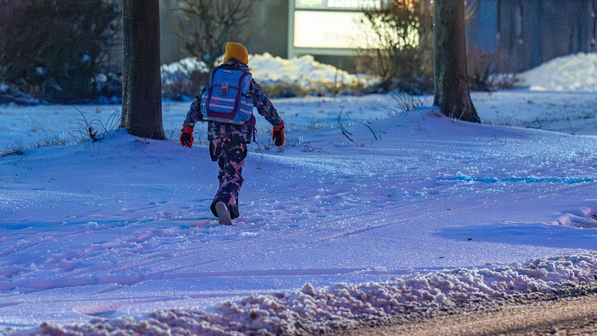 Школьник зимой идет по улице