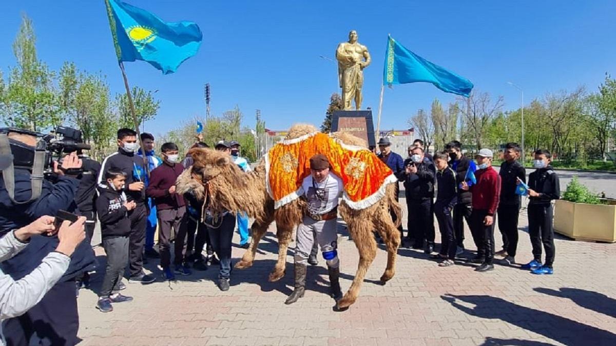 мужчина поднимает верблюда на площади