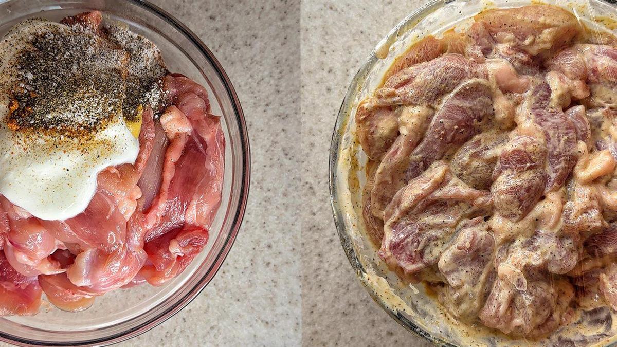 В мисках свежее и заправленное соусом мясо