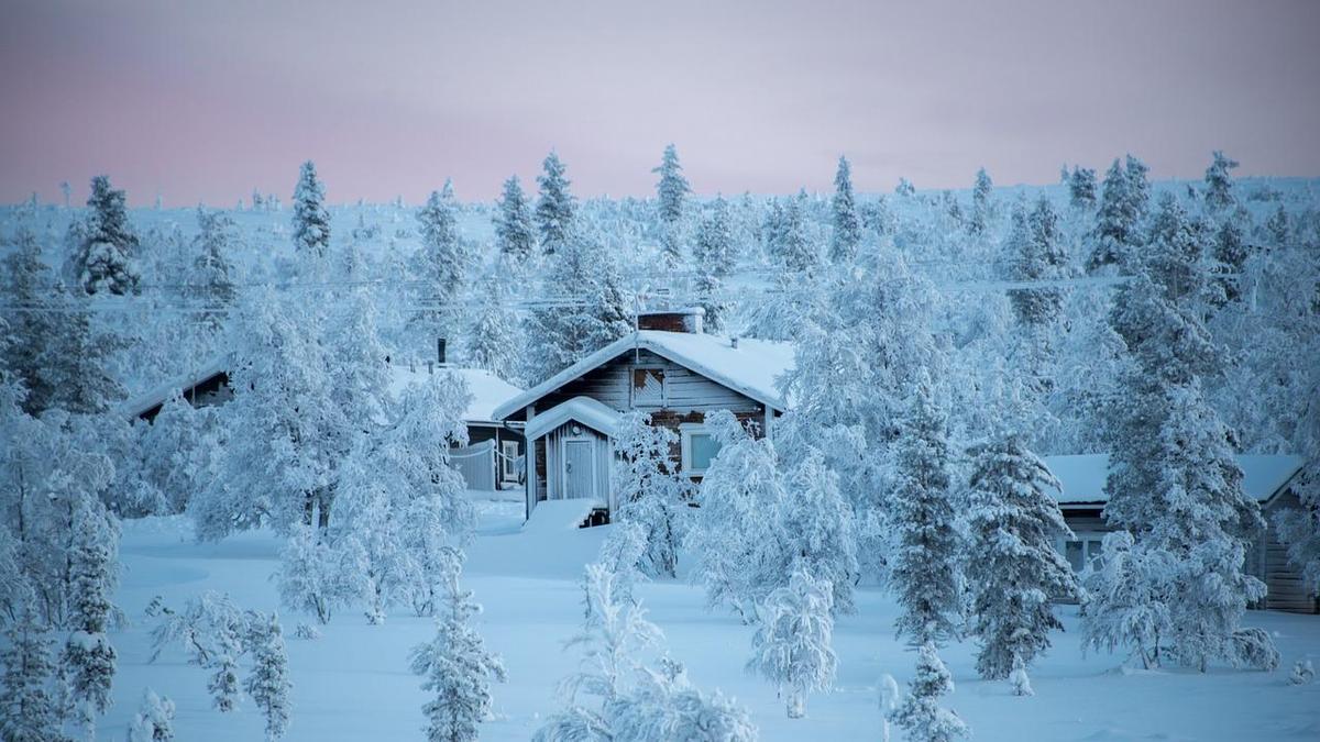 Заснеженная хижина среди зимнего леса