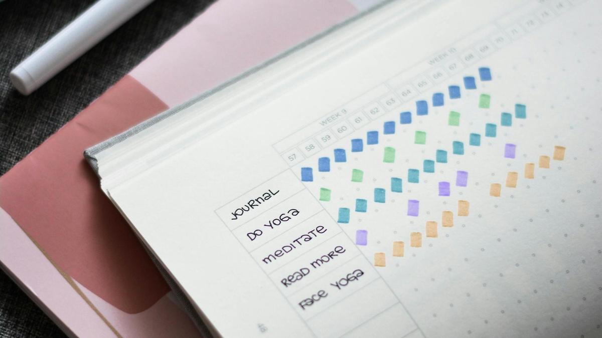 Трекер привычек в блокноте с разноцветными отметками