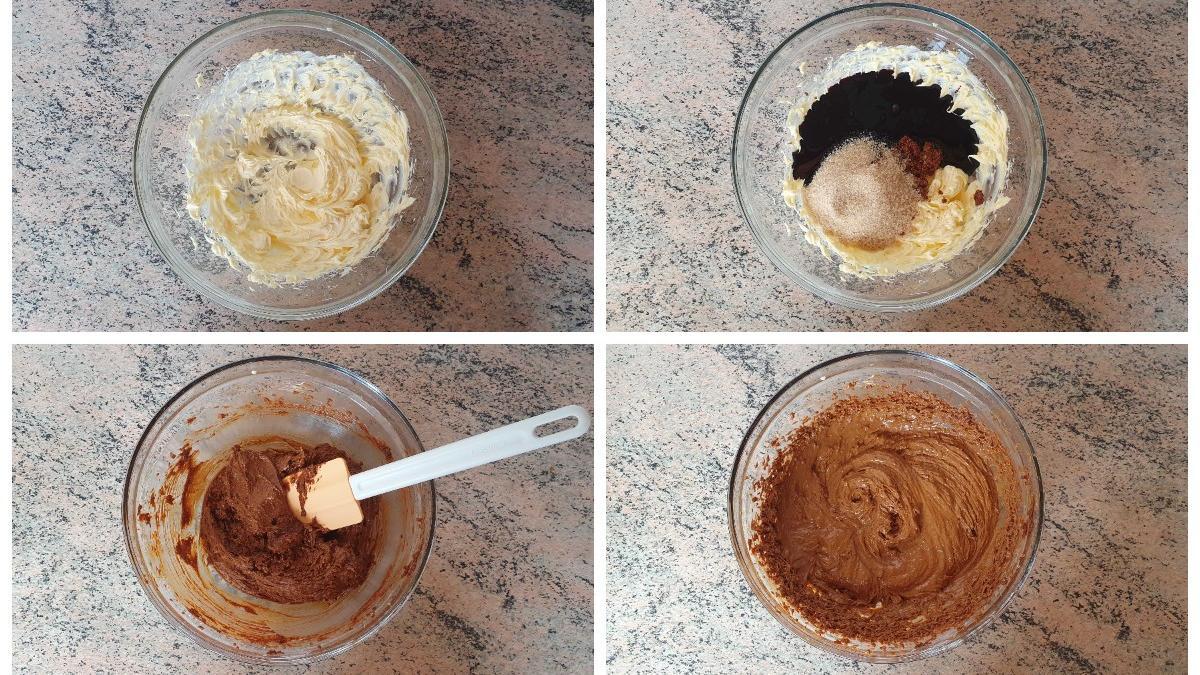 Последовательность фото: масло взбивают, а затем смешивают мелассой, сахаром, яйцом, ванильной эссенцией
